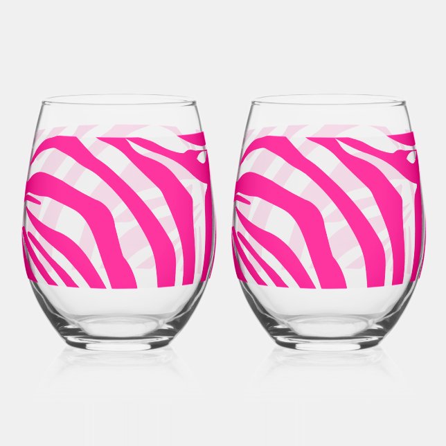 Pink Zebra Print Pattern Stemless Wine Glass (Front)