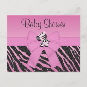 Pink Zebra Printed Bow & Butterflies Baby Shower Invitation