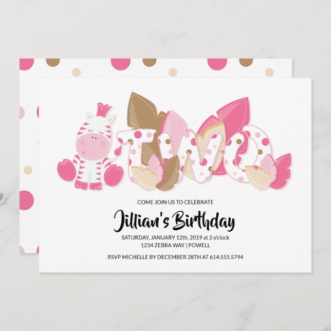 Pink Zebra Second Birthday Party Invitation (Front/Back)