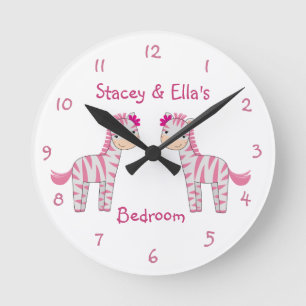 Pink Zebra Sisters Personalised Shared Bedroom Round Clock