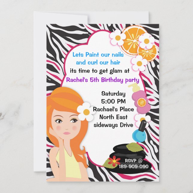 Pink Zebra spa party invitation (Front)