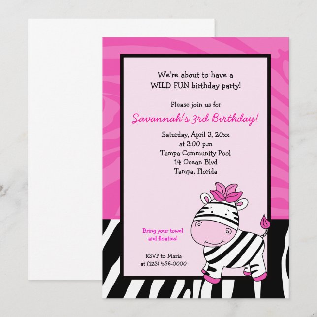 Pink Zebra Stripe 5x7 Birthday Invitation (Front/Back)