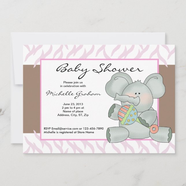 Pink Zebra Striped Baby Elephant Shower Invitation (Front)