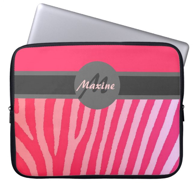 Pink zebra stripes customisable laptop sleeve (Front)