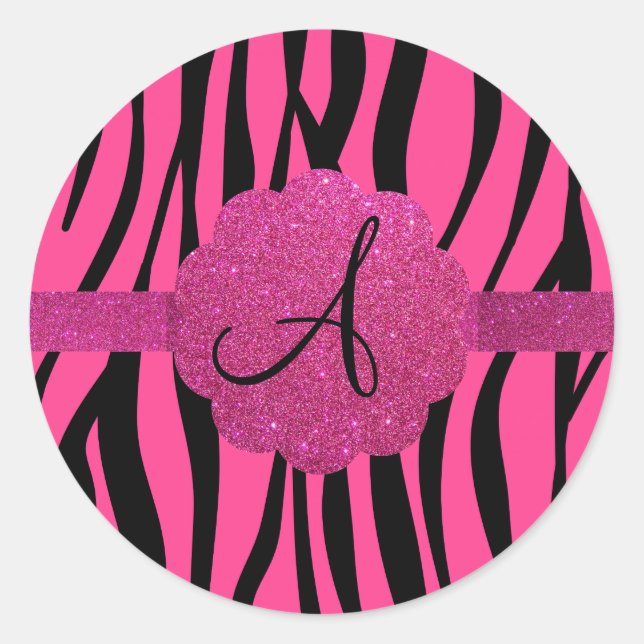Pink zebra stripes monogram classic round sticker (Front)