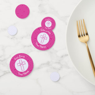 Pink Zig Zag Christian Cross on White Pink Name Confetti