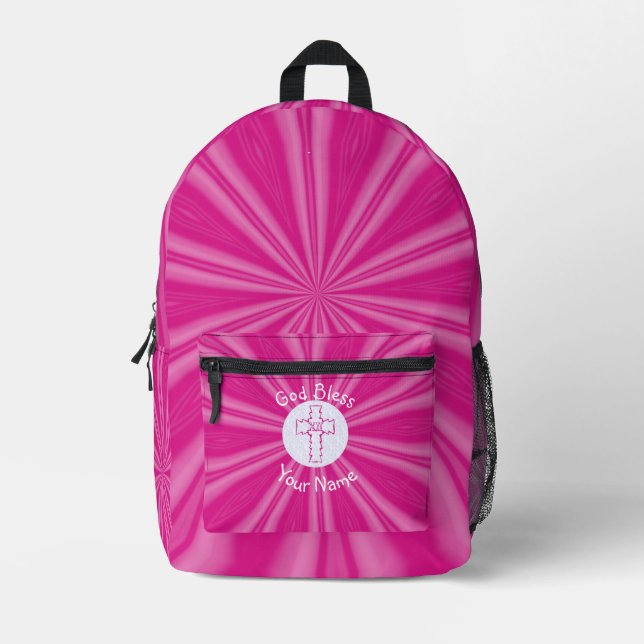 Pink Zig Zag Christian Cross Personalised Printed Backpack (Front)