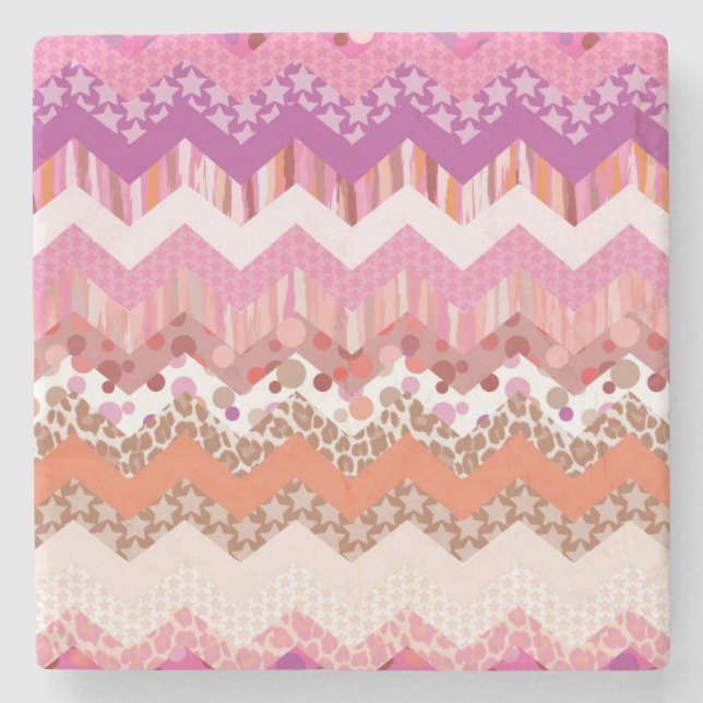 Pink zigzag background stone coaster (Front)