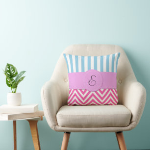 Pink Zigzag, Chevron, Blue Stripes, Monogram Cushion