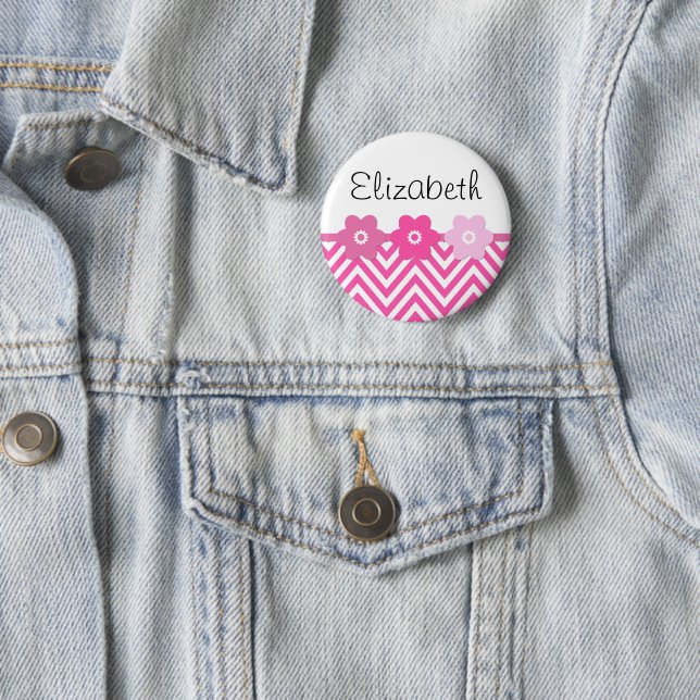 Pink Zigzag, Pink Chevron, Wave Pattern, Your Name 6 Cm Round Badge (In Situ)