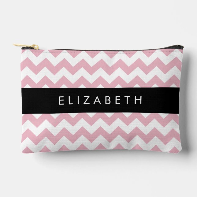 Pink Zigzag, Pink Chevron, Wave Pattern, Your Name Accessory Pouch (Front)