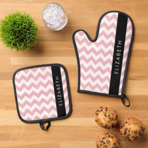 Pink Zigzag, Pink Chevron, Wave Pattern, Your Name Oven Mitt & Pot Holder Set