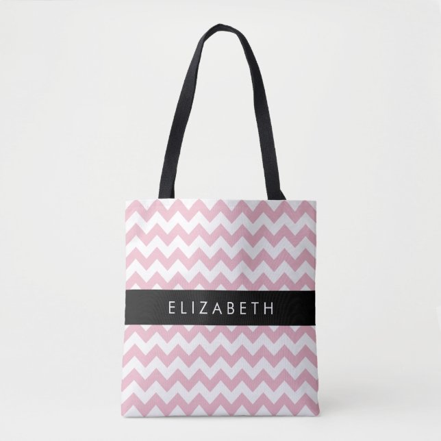 Pink Zigzag, Pink Chevron, Wave Pattern, Your Name Tote Bag (Front)