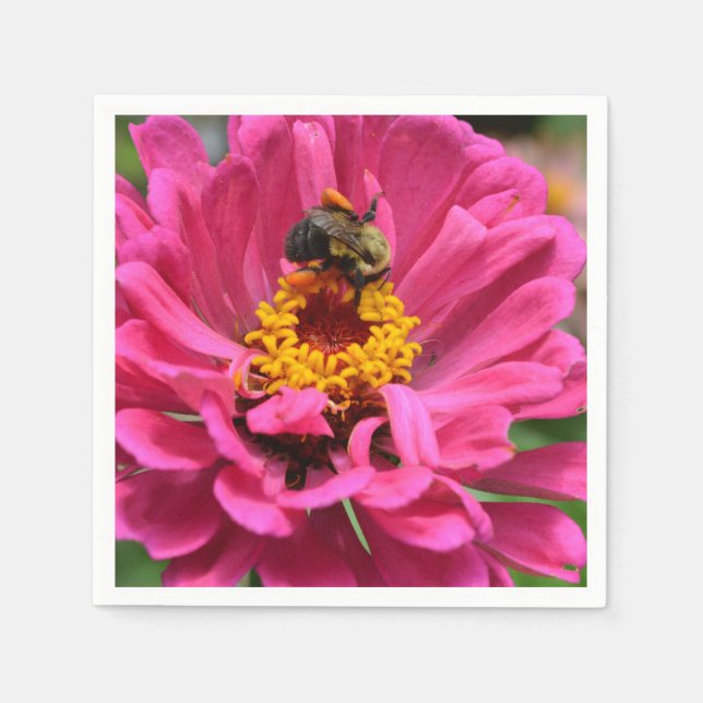 Pink Zinnia and Bumble bee Napkin (Front)