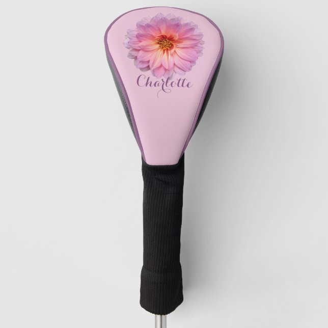Pink Zinnia Custom Name Golf Head Cover (Front)