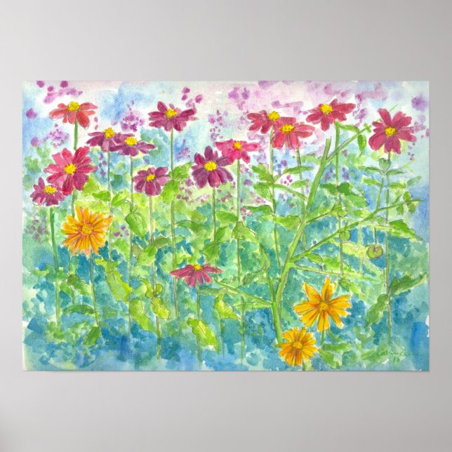 Pink Zinnia Daisy Garden Watercolor Flowers Poster (Front)