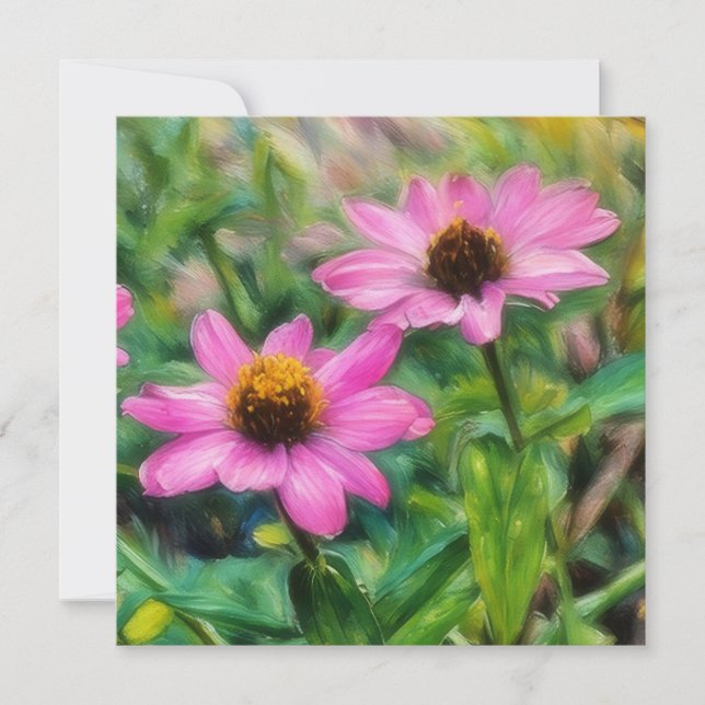 Pink Zinnia Flower Garden Art Flat Note Card (Front)