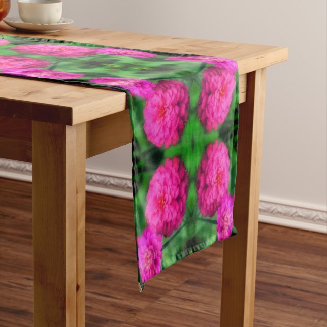 Pink Zinnia Flower Pair Close Up Abstract Pattern  Short Table Runner (In Situ)
