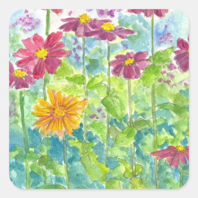 Pink Zinnia Wildflower Watercolor Garden Square Sticker (Front)