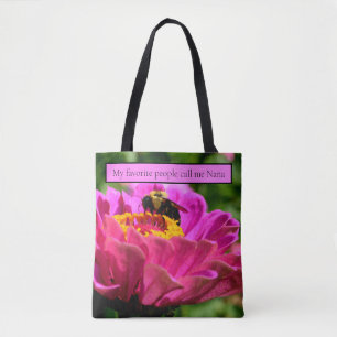 Pink zinnia with bumblebee, pink flowers, cute bee tote bag
