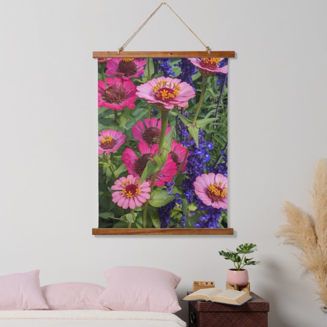 Pink Zinnias and Blue Salvia Floral Hanging Tapestry (Bedroom)