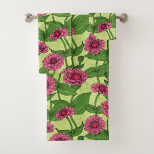 Pink Zinnias on light green Bath Towel Set