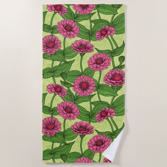 Pink Zinnias on light green Beach Towel (Front)