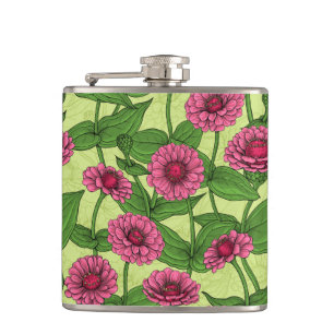 Pink Zinnias on light green Hip Flask