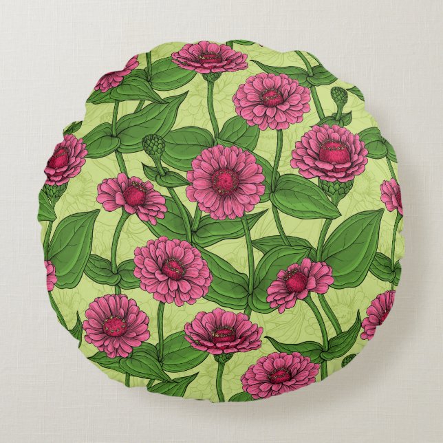 Pink Zinnias on light green Round Cushion (Front)