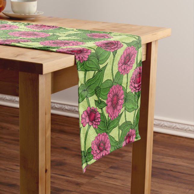 Pink Zinnias on light green Short Table Runner (In Situ)