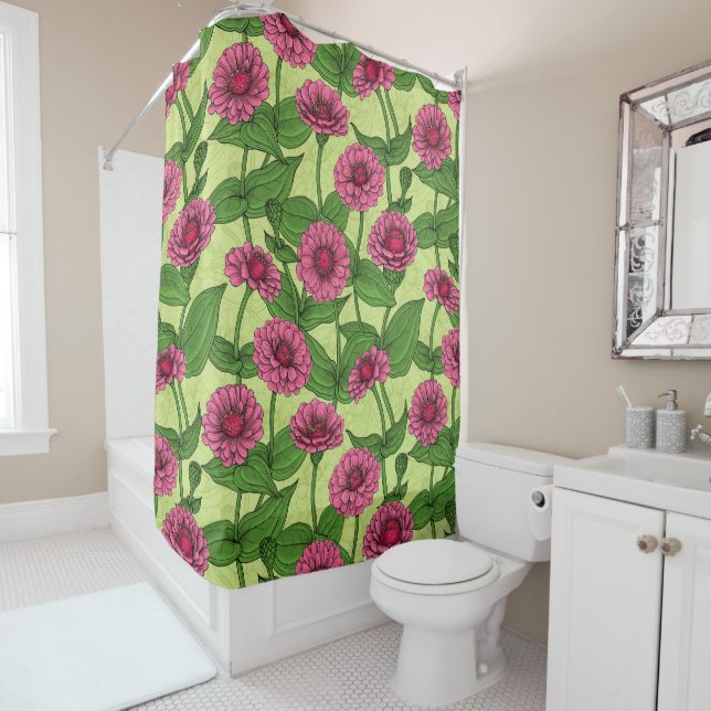 Pink Zinnias on light green Shower Curtain (In Situ)