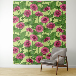 Pink Zinnias on light green Tapestry
