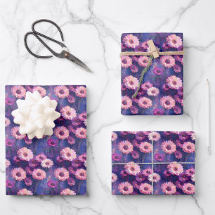 Pink Zinnias on Purple Wrapping Paper Sheet