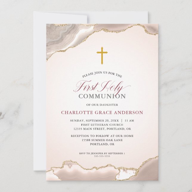 PinkAgate Gold Glitter Girls First Communion Invitation (Front)