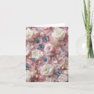 Pinkbackground, butterflies & flowers Blank Card