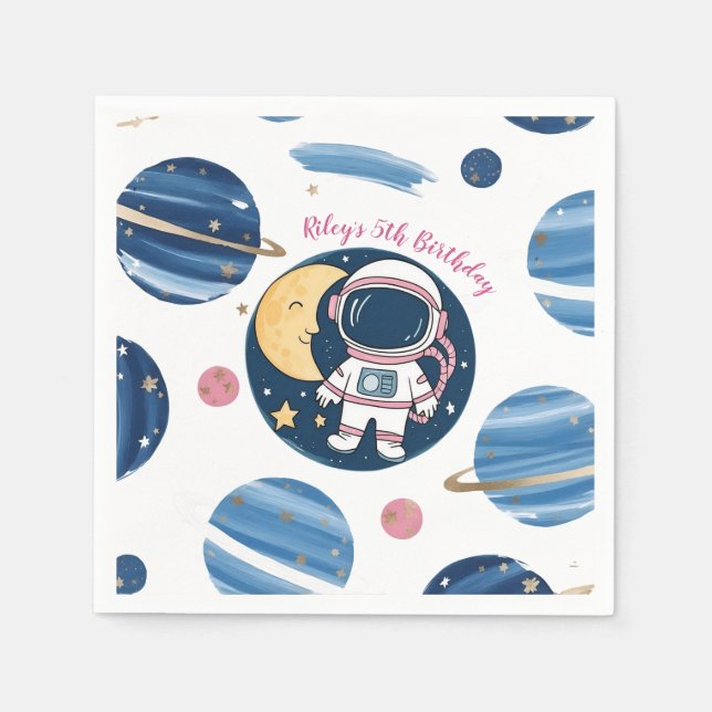 PinkBlue Astronaut Birthday Paper Splet Napkin (Front)