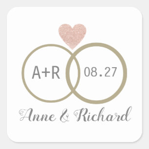 pinkish love heart & wedding rings personalised  square sticker