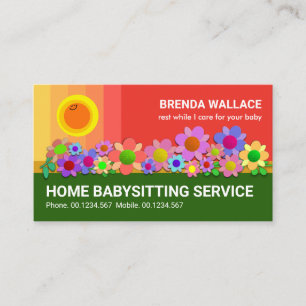 Pinkish Sky Happy Sun Colourful Flowers Babysittin Business Card