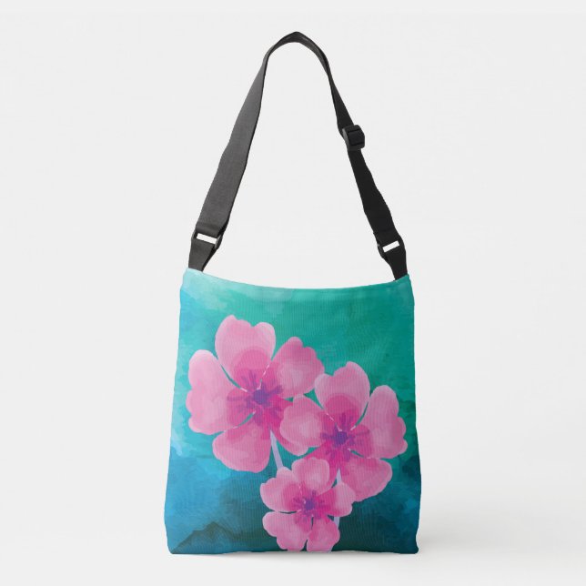Pinkish Watercolor Flowers With Blue Green Base Crossbody Bag (Front)
