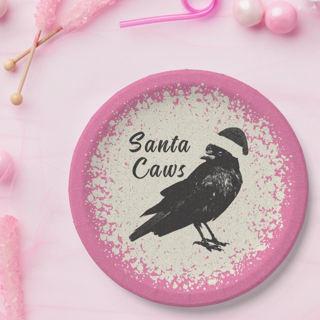 Pinkmas Crow Santa Pink Black and Ivory Christmas Paper Plate (Fun pink, ivory, and black "Santa Caws" plates are great for your holiday time or Pinkmas party. )