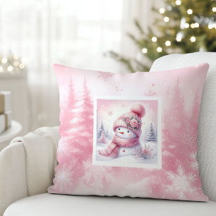 Pinkmas Winter Forest Snowman Pillow Kids Decor