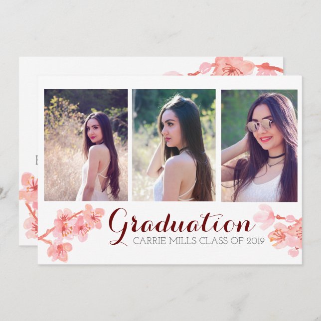 Pinkn cherry blossom graduation photo invite (Front/Back)