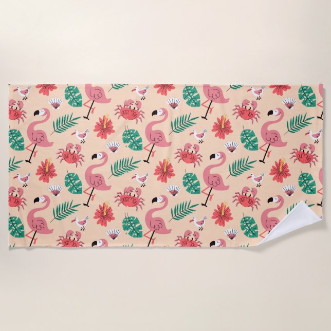 PinkPink Flamingo Summer Tropical Pattern-23123 Beach Towel (Front)