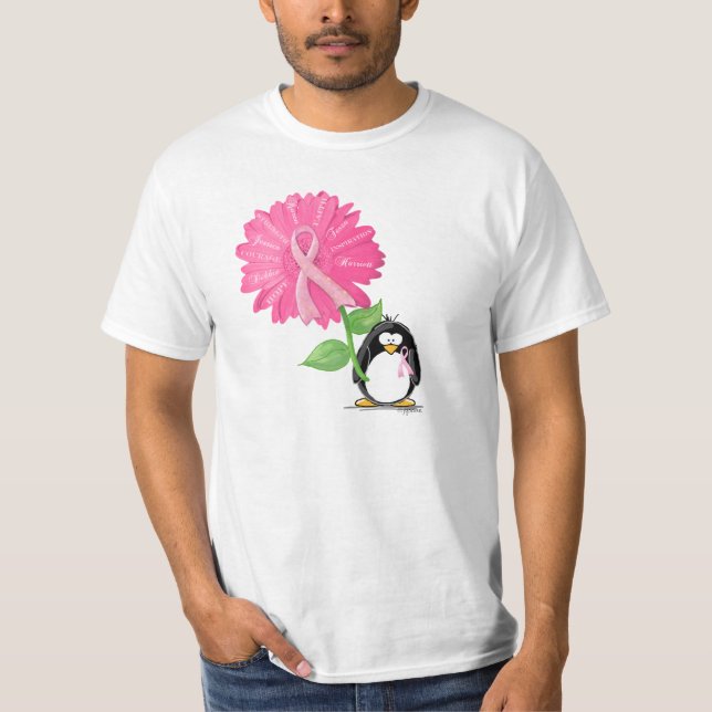 pinkRibbon-with penguin and daisy2 T-Shirt (Front)