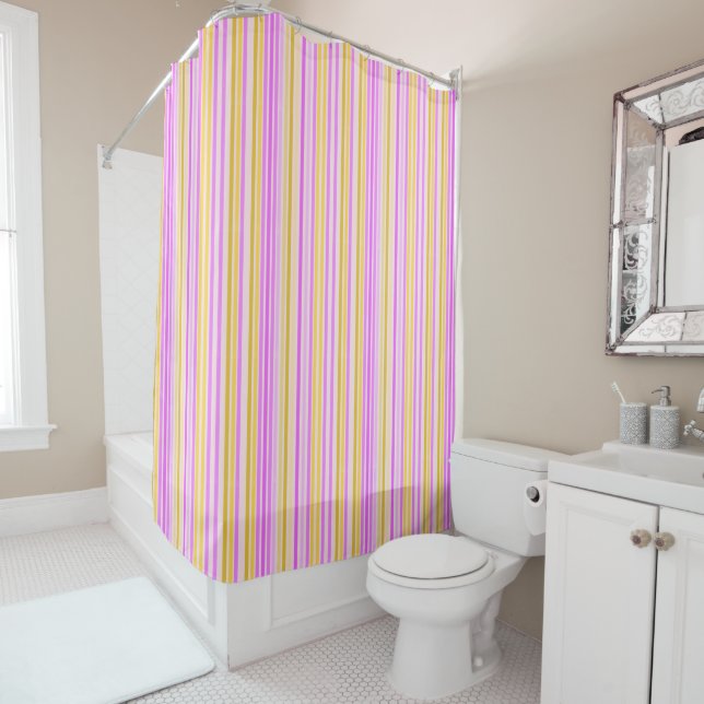 Pinks And Yellow Stripe Shower Curtain (In Situ)