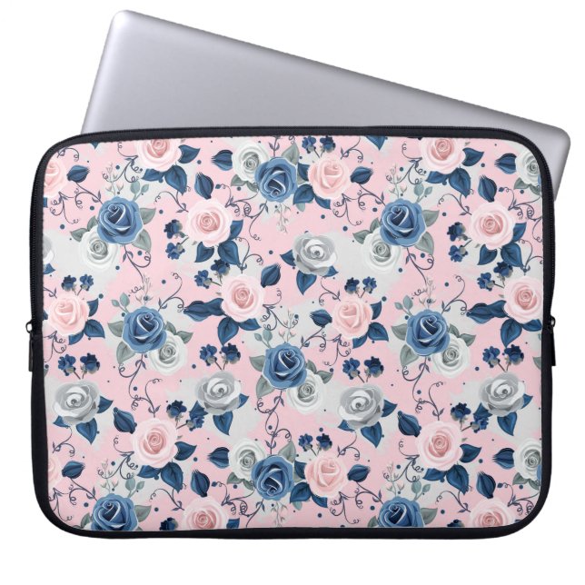 Pinks, Blues, and Grey Roses Laptop Sleeve (Front)