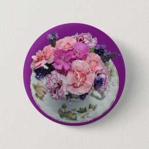 Pinks carnations in teacup 6 cm round badge