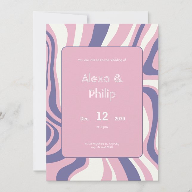 Pinks, purple and beige lines abstract Wedding Invitation (Front)