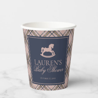 PinkTartan Plaid Classic Rocking Horse Baby Shower Paper Cups