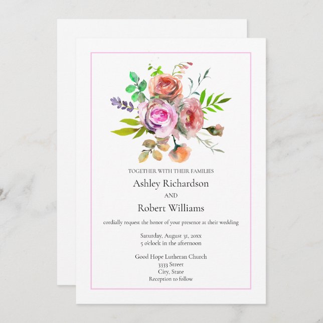PinkWatercolor Floral Wedding Invitation (Front/Back)